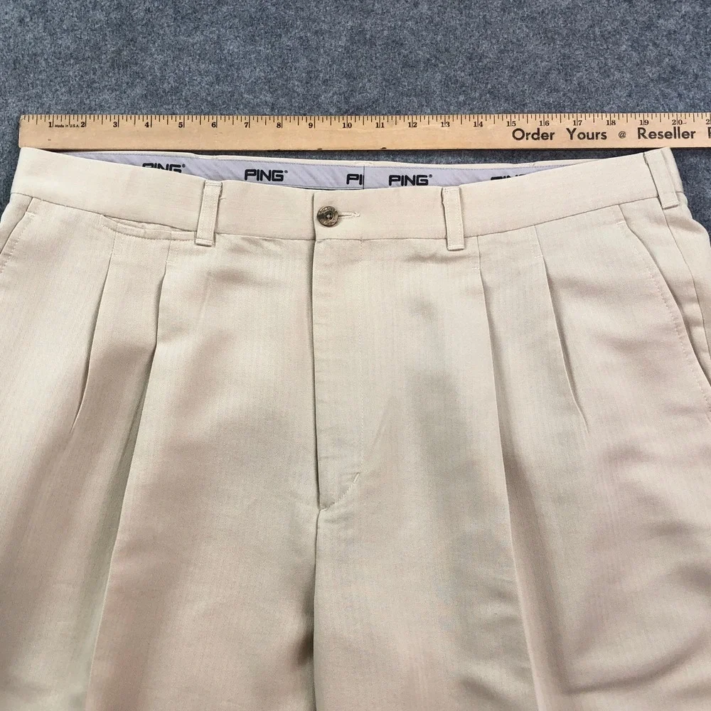 Ping Mens Pleated Pants 40x32 Khaki Beige Herringbone Classic Rayon Polyester